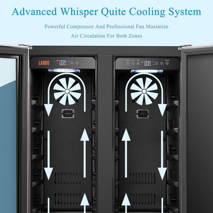 Refrigeratore Lanbo Dual Zone da 24 pollici per 18 bottiglie di vino e 55 lattine di bevande, in acciaio inossidabile e vetro con porta francese