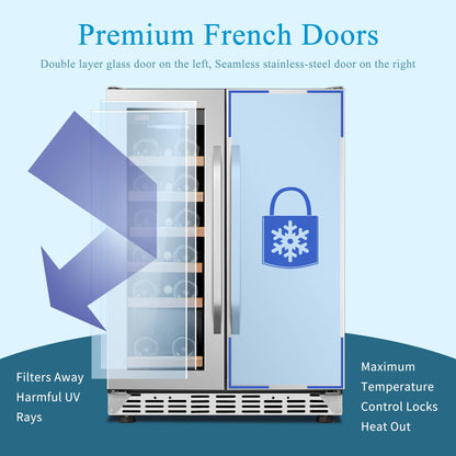 Refrigeratore Lanbo Dual Zone da 24 pollici per 18 bottiglie di vino e 55 lattine di bevande, in acciaio inossidabile e vetro con porta francese