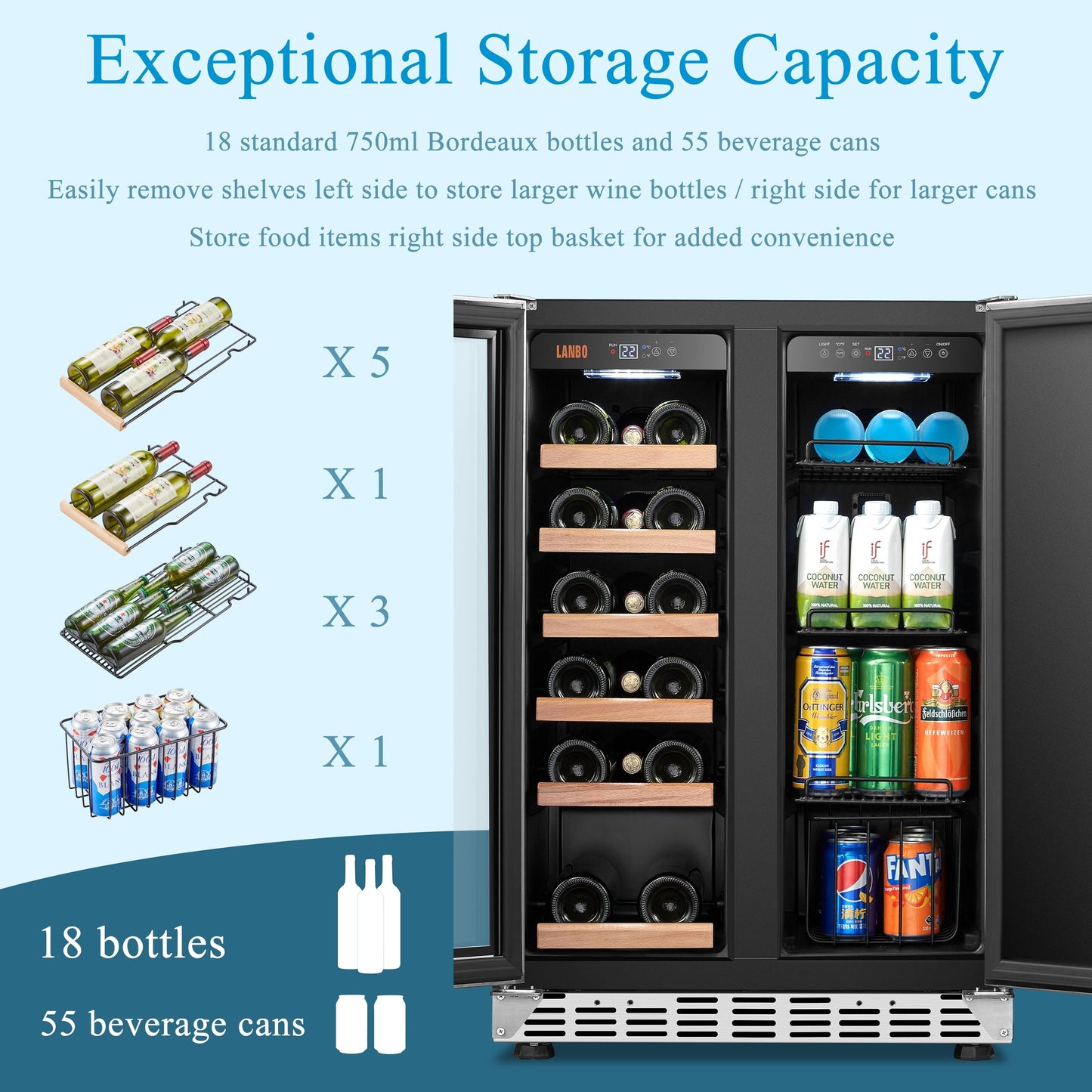 Refrigeratore Lanbo Dual Zone da 24 pollici per 18 bottiglie di vino e 55 lattine di bevande, in acciaio inossidabile e vetro con porta francese