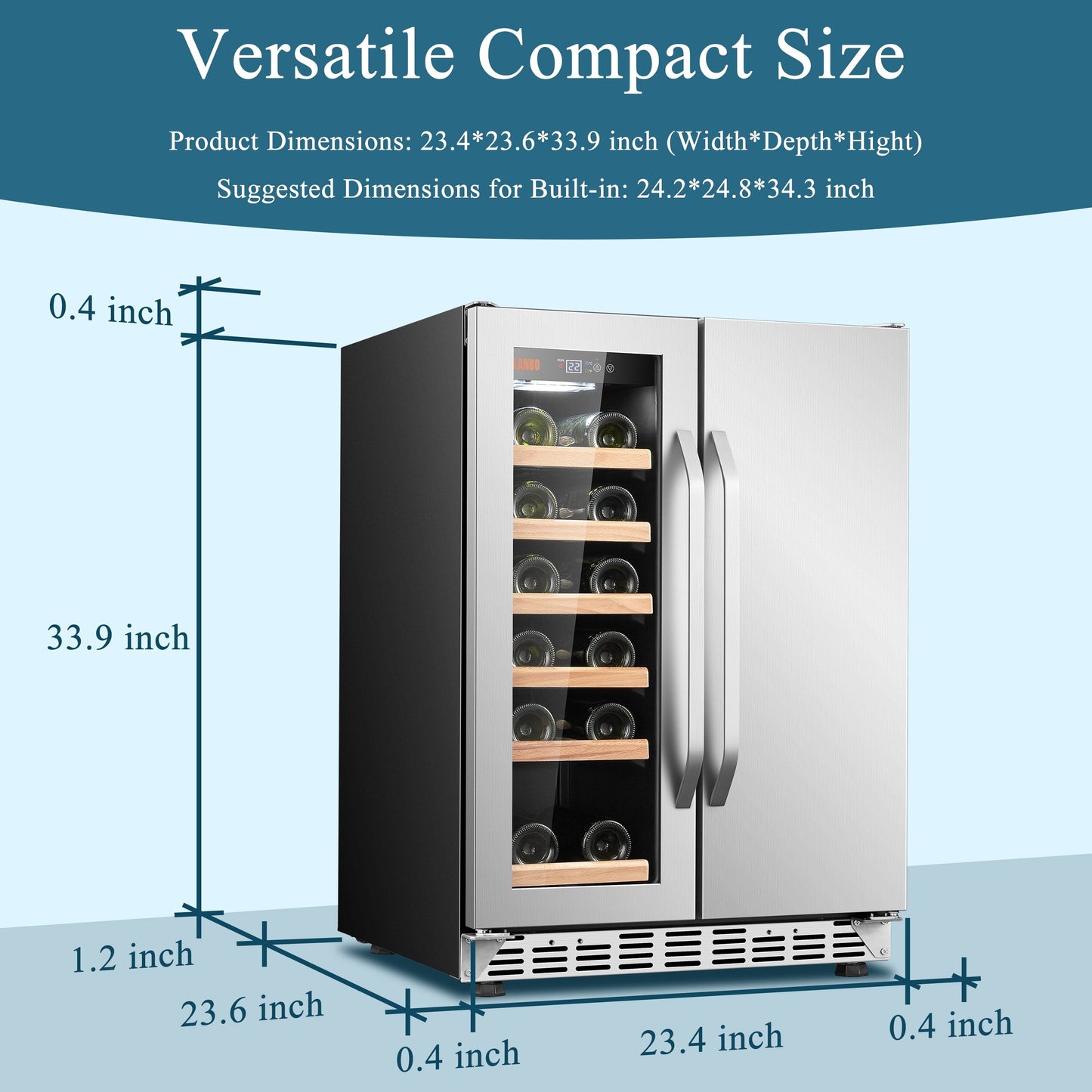 Refrigeratore Lanbo Dual Zone da 24 pollici per 18 bottiglie di vino e 55 lattine di bevande, in acciaio inossidabile e vetro con porta francese