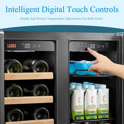Refrigeratore Lanbo Dual Zone da 24 pollici per 18 bottiglie di vino e 55 lattine di bevande, in acciaio inossidabile e vetro con porta francese