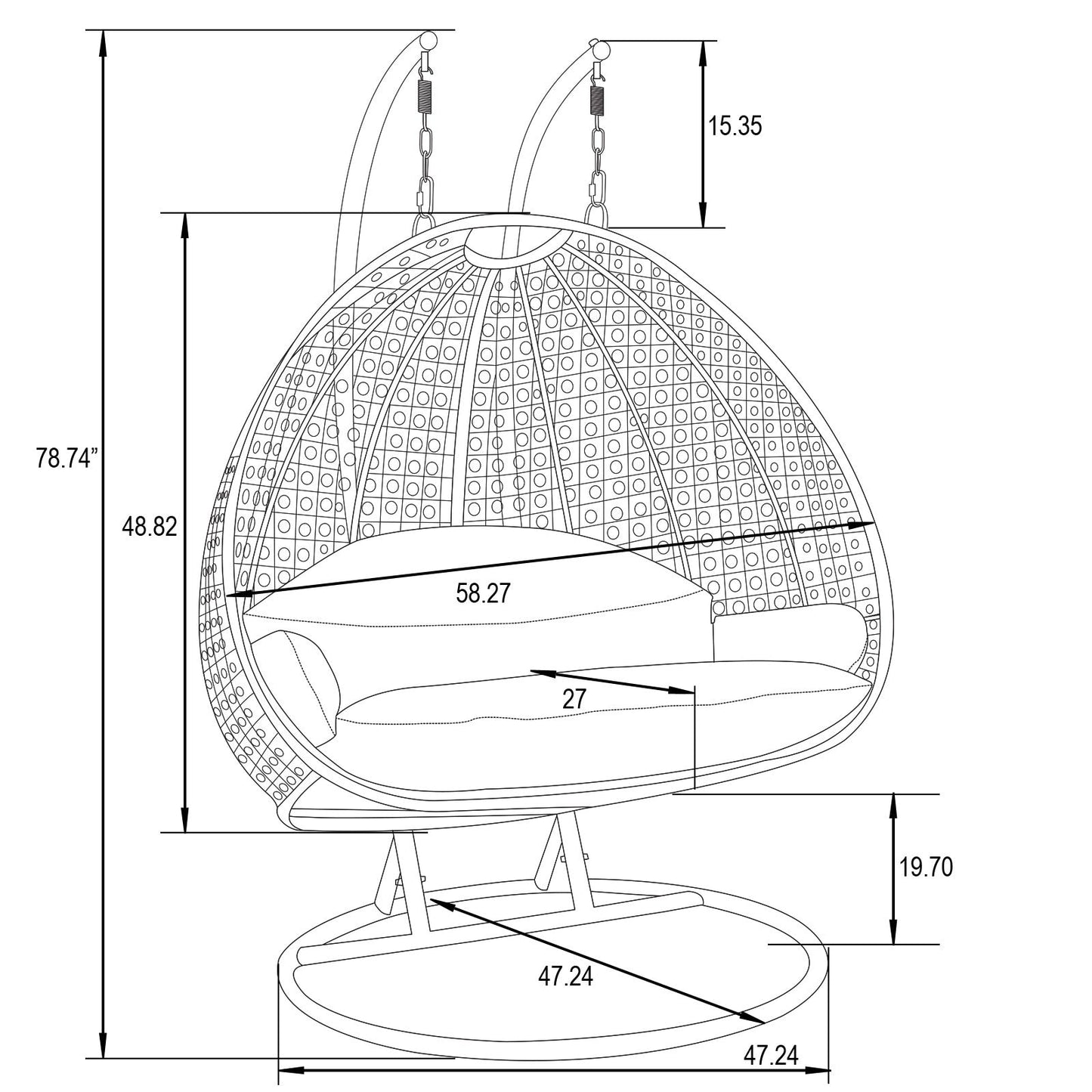 Sedia a forma di uovo sospesa LeisureMod per 2 persone con supporto - Amaca da esterno/interno in rattan e vimini per patio con cuscini
