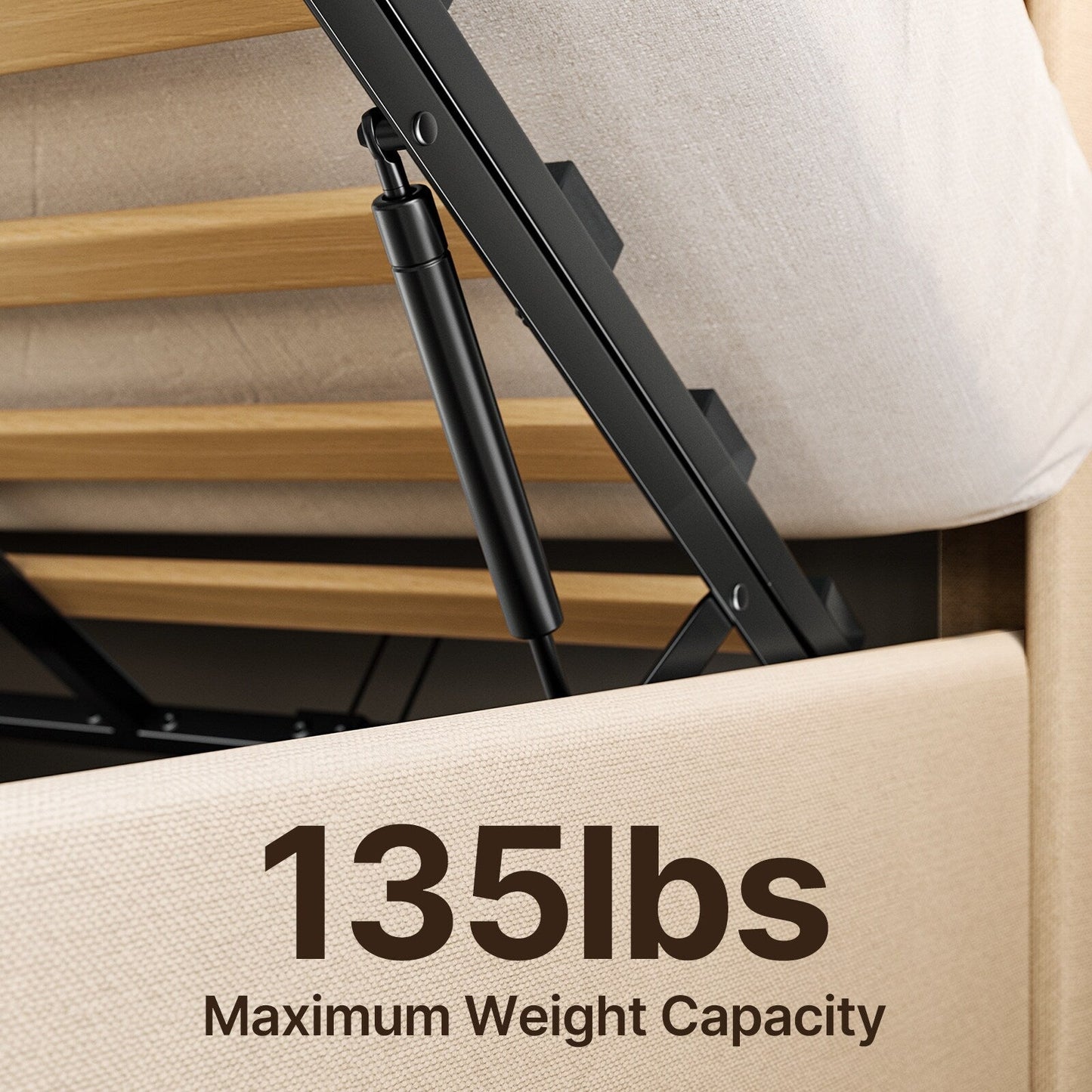 Struttura letto contenitore sollevabile, struttura letto imbottita con sistema di stoccaggio idraulico e testiera