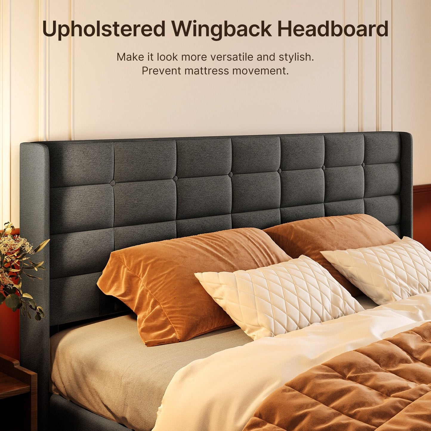 Struttura letto contenitore sollevabile, struttura letto imbottita con sistema di stoccaggio idraulico e testiera