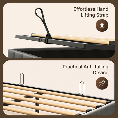 Struttura letto contenitore sollevabile, struttura letto imbottita con sistema di stoccaggio idraulico e testiera