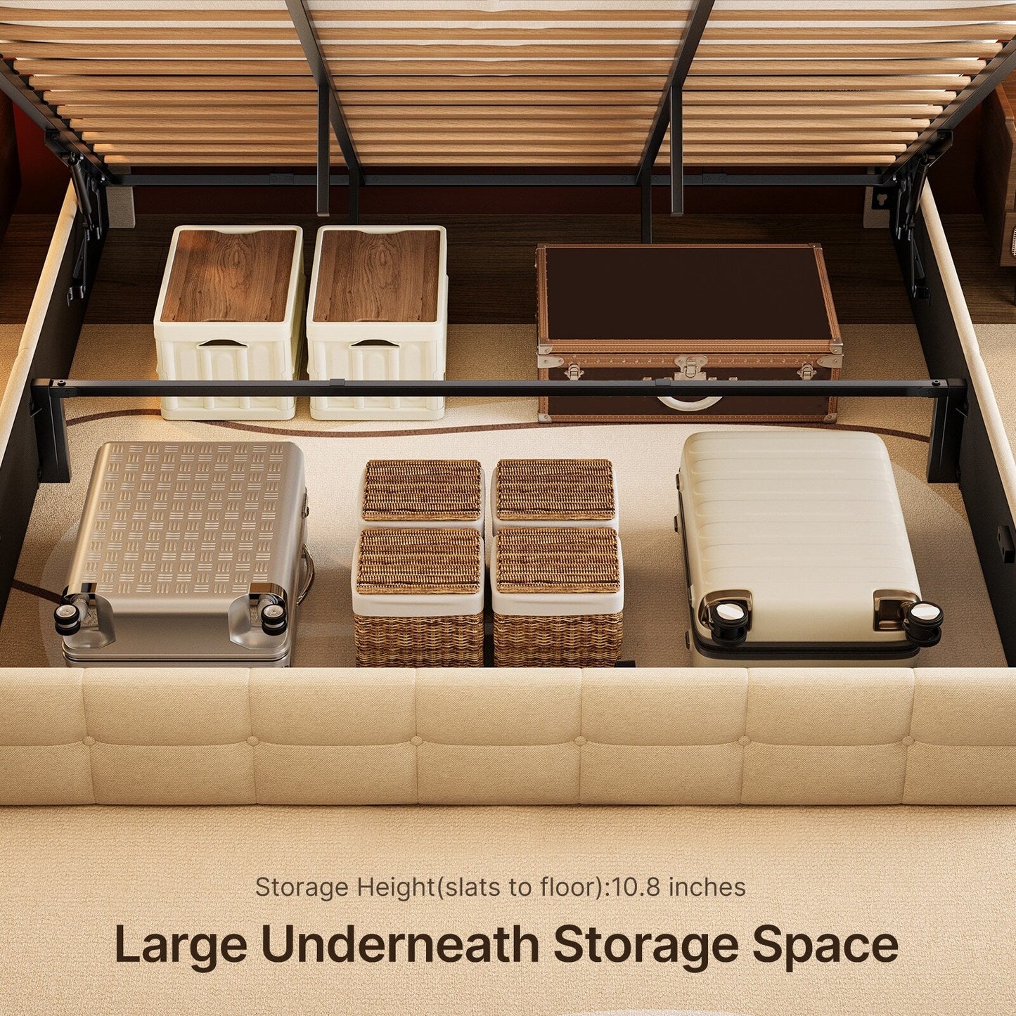 Struttura letto contenitore sollevabile, struttura letto imbottita con sistema di stoccaggio idraulico e testiera