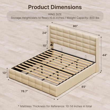 Struttura letto contenitore sollevabile, struttura letto imbottita con sistema di stoccaggio idraulico e testiera