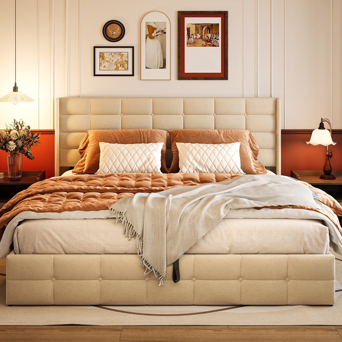 Struttura letto contenitore sollevabile, struttura letto imbottita con sistema di stoccaggio idraulico e testiera