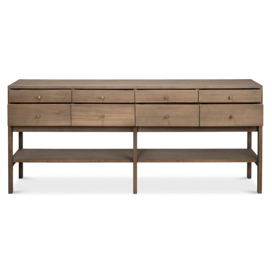 Tavolo consolle rustico di transizione a 8 cassetti