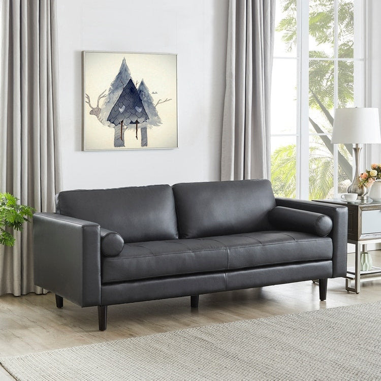 Divano moderno in vera pelle con gambe in legno e cuscino di supporto aggiuntivo