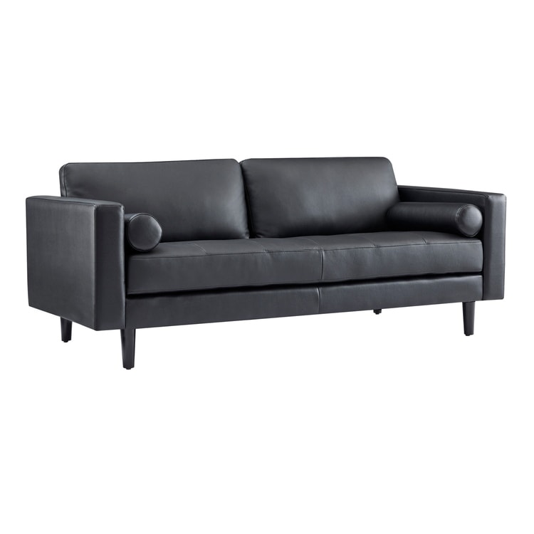 Divano moderno in vera pelle con gambe in legno e cuscino di supporto aggiuntivo