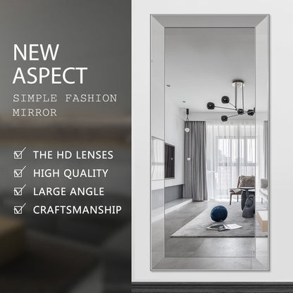 Specchio da parete a figura intera in argento riflettente, smussato ed elegante, in metallo