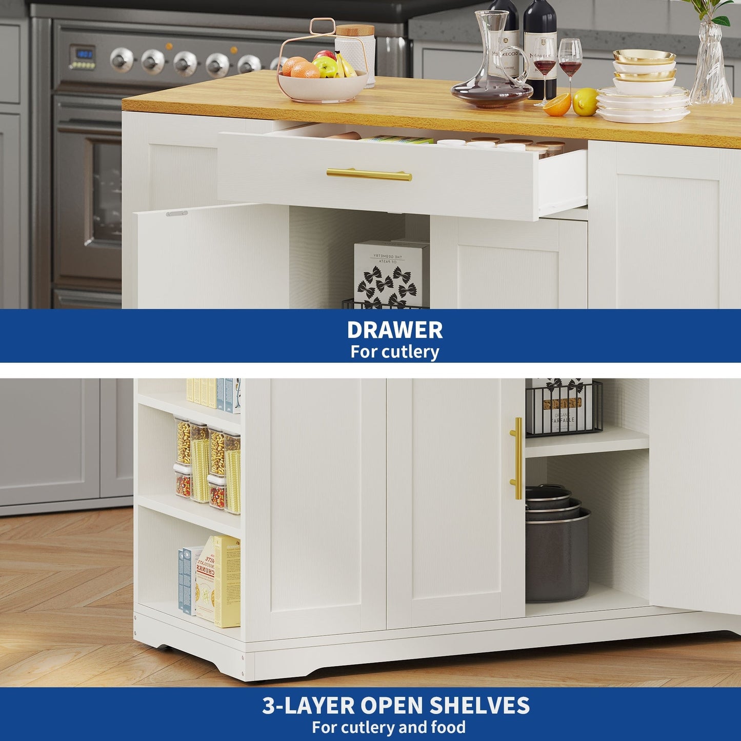 Carrello da cucina portatile con isola mobile da cucina Moasis da 53 pollici