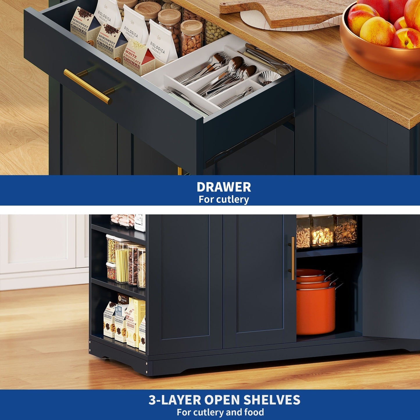 Carrello da cucina portatile con isola mobile da cucina Moasis da 53 pollici