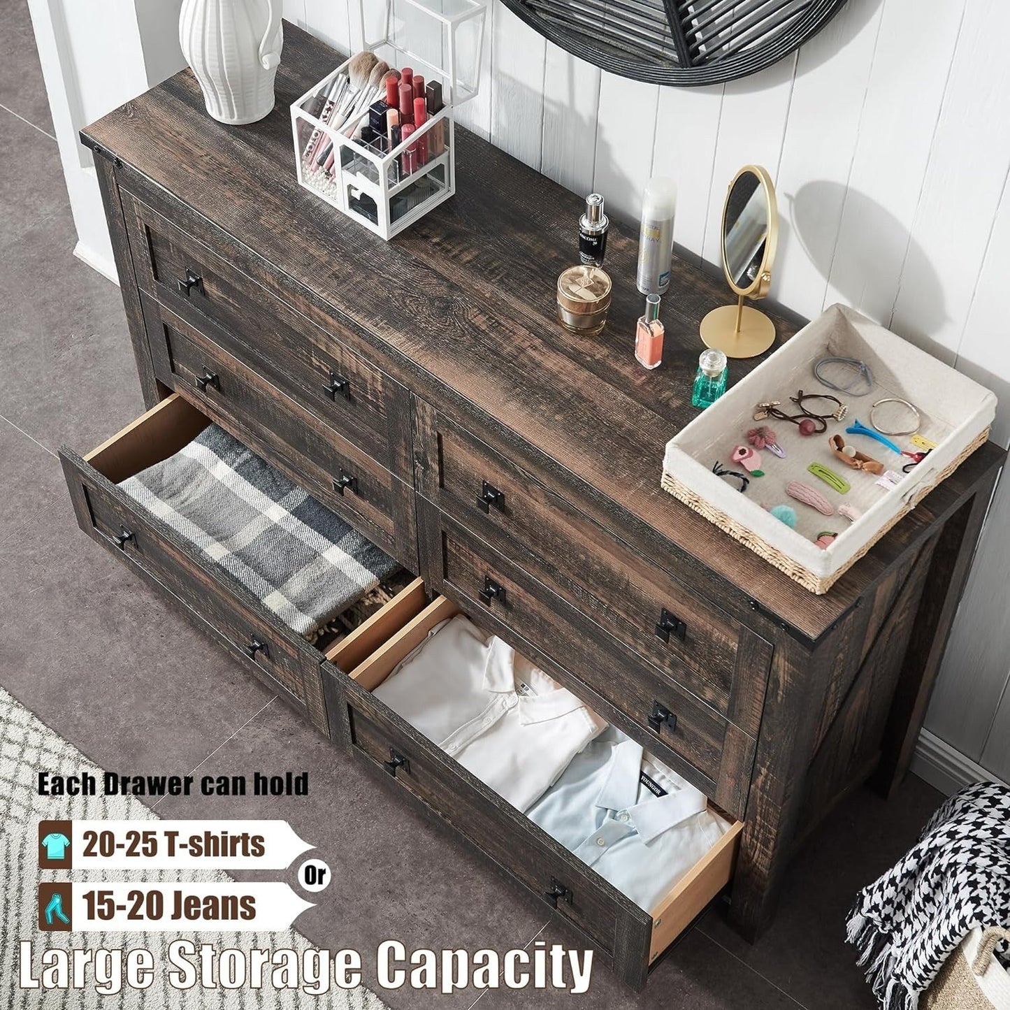 Cassettiera in stile rustico con 6 cassetti, mobile porta TV in legno, cassettiera