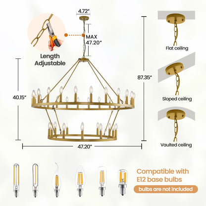 Lampadario moderno in stile fattoria, lampadario a ruota di carro rotondo a 2 livelli, grande lampadario alto da soffitto.