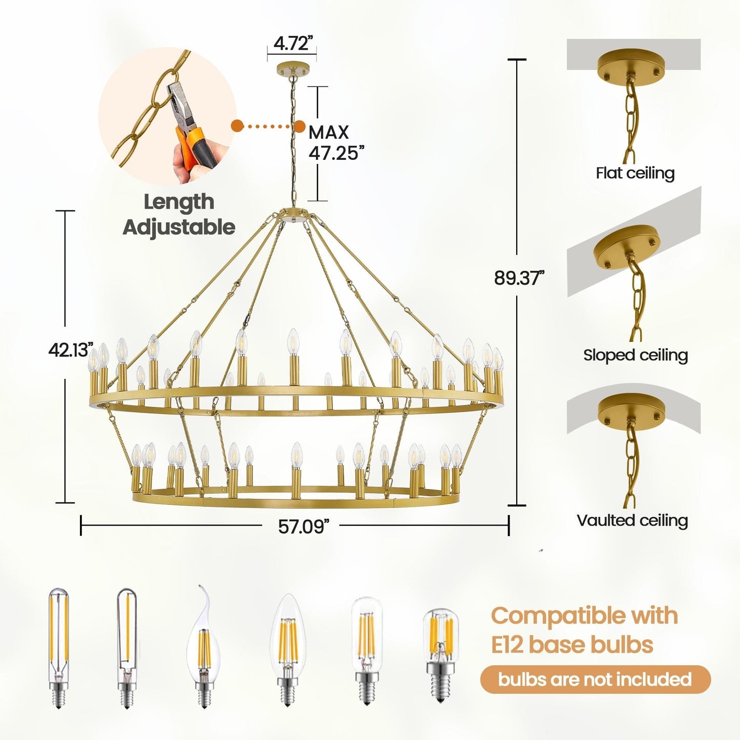 Lampadario moderno in stile fattoria, lampadario a ruota di carro rotondo a 2 livelli, grande lampadario alto da soffitto.