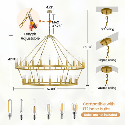 Lampadario moderno in stile fattoria, lampadario a ruota di carro rotondo a 2 livelli, grande lampadario alto da soffitto.