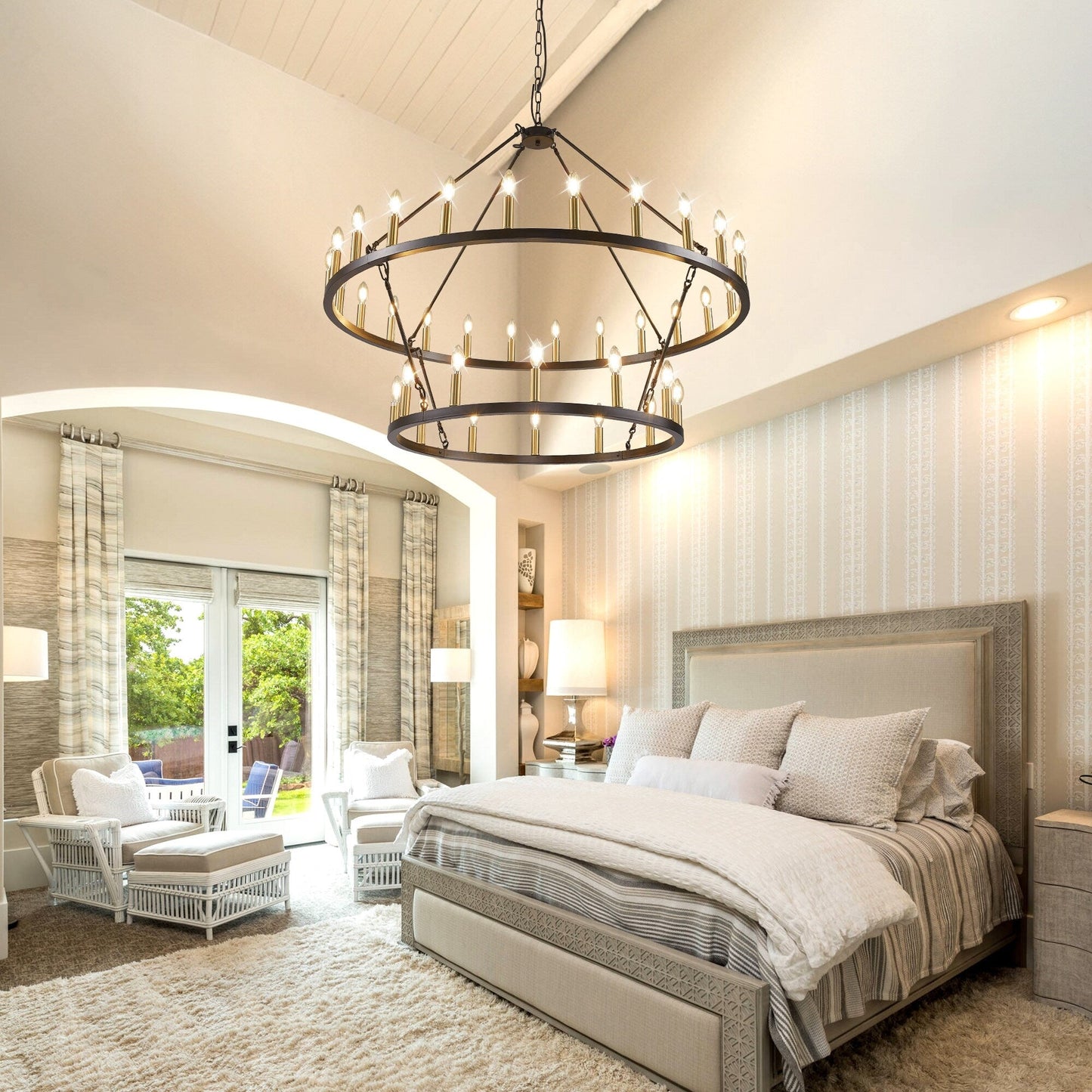 Lampadario moderno in stile fattoria, lampadario a ruota di carro rotondo a 2 livelli, grande lampadario alto da soffitto.