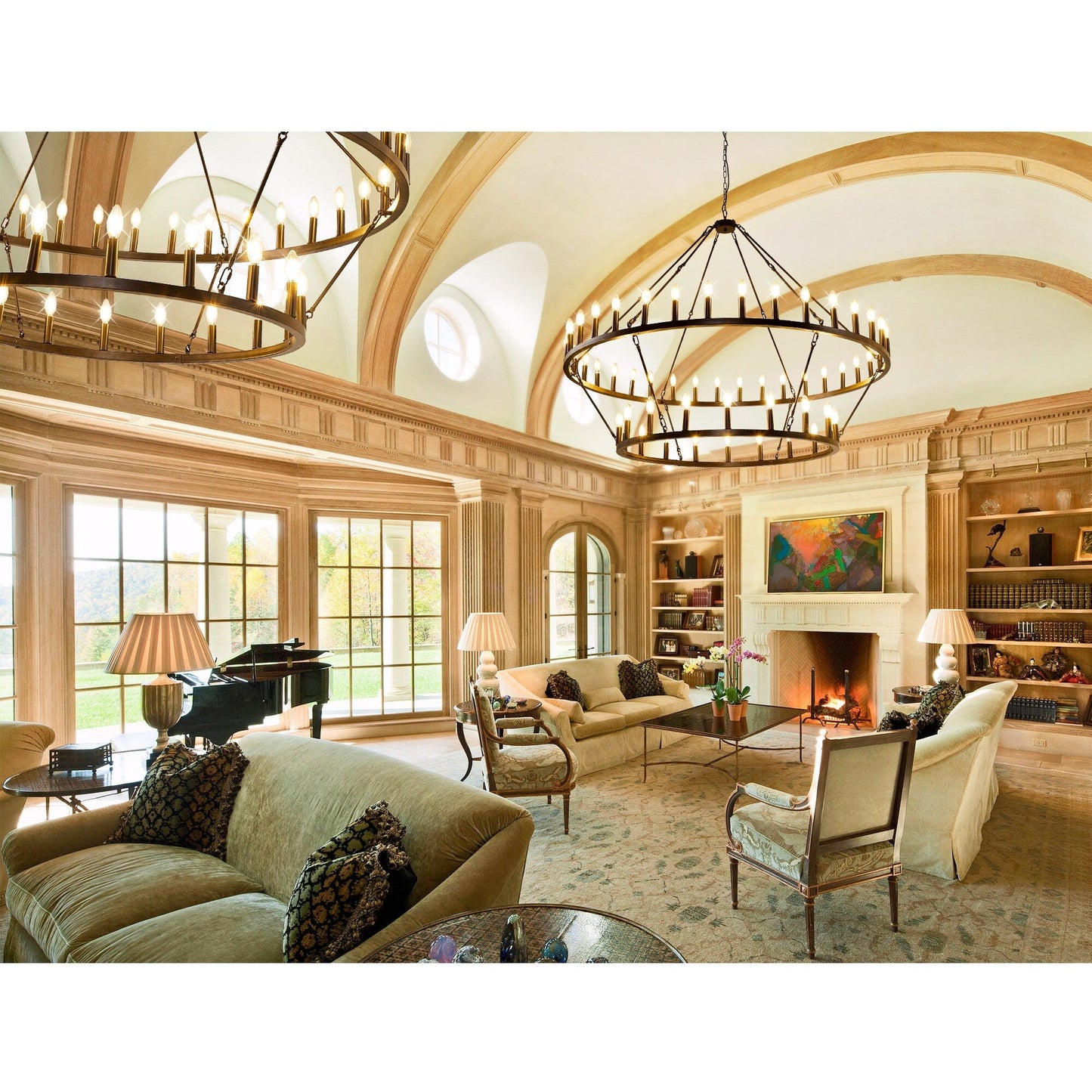 Lampadario moderno in stile fattoria, lampadario a ruota di carro rotondo a 2 livelli, grande lampadario alto da soffitto.