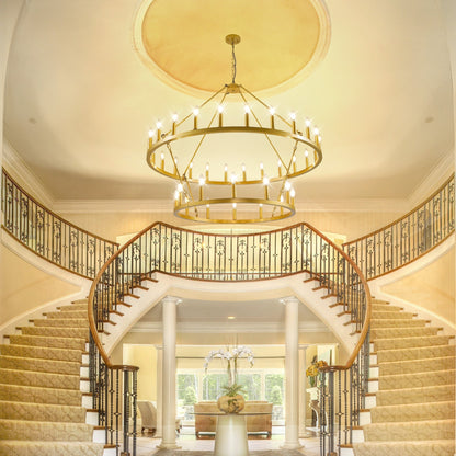 Lampadario moderno in stile fattoria, lampadario a ruota di carro rotondo a 2 livelli, grande lampadario alto da soffitto.