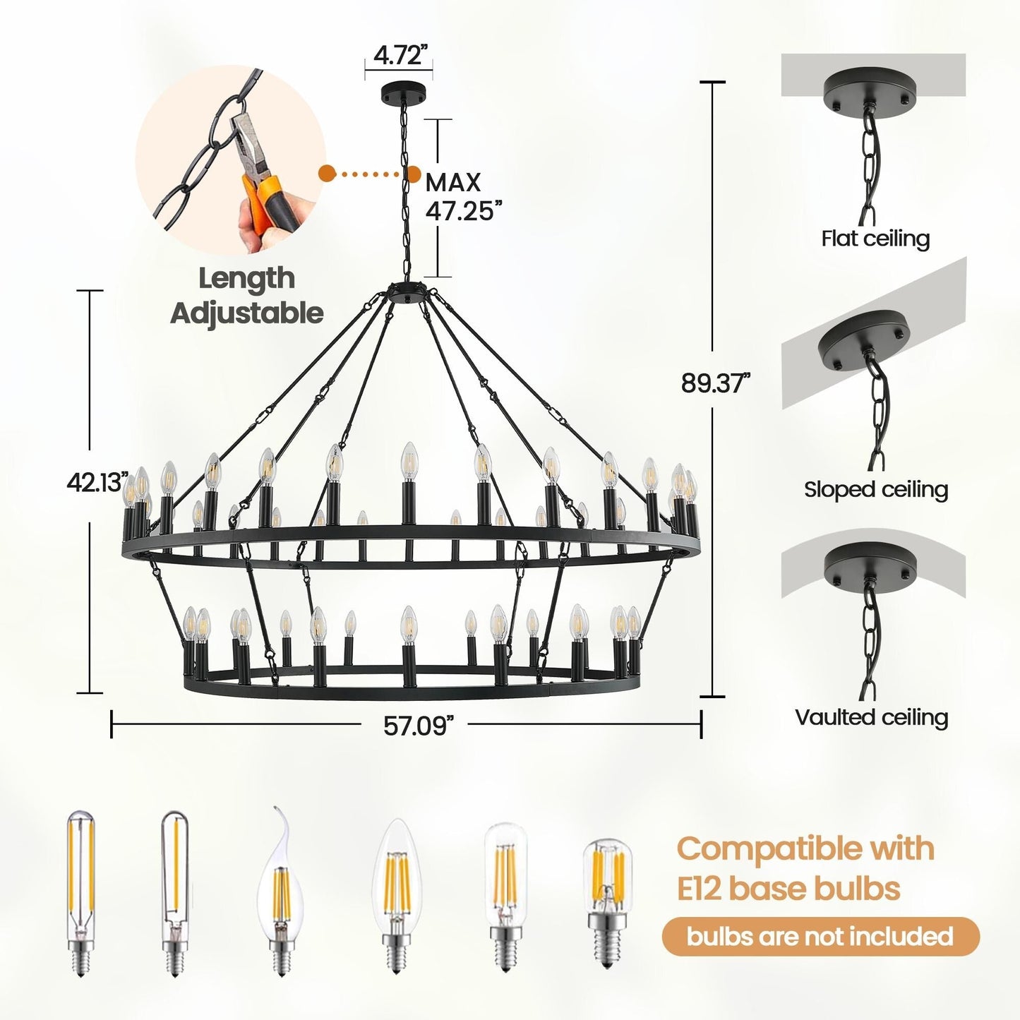 Lampadario moderno in stile fattoria, lampadario a ruota di carro rotondo a 2 livelli, grande lampadario alto da soffitto.
