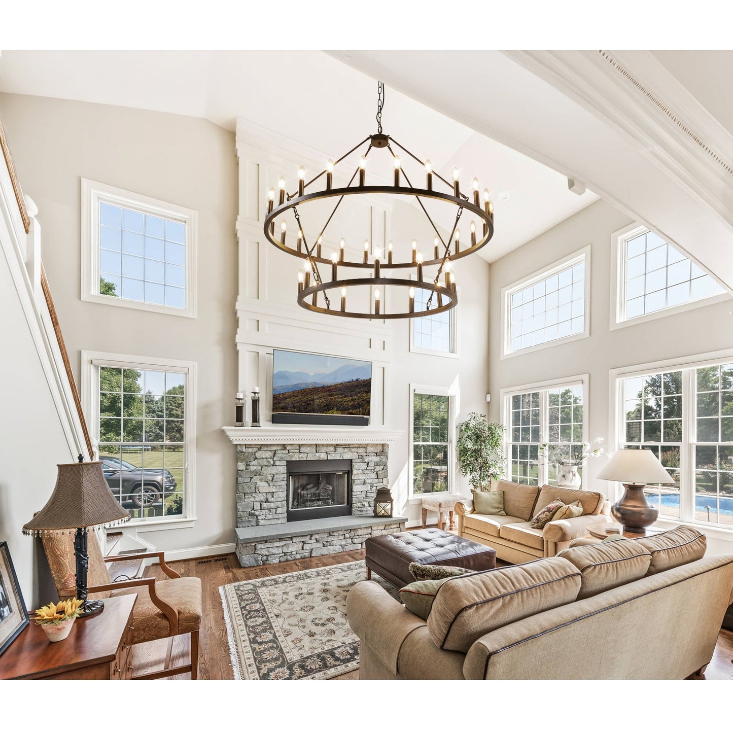 Lampadario moderno in stile fattoria, lampadario a ruota di carro rotondo a 2 livelli, grande lampadario alto da soffitto.