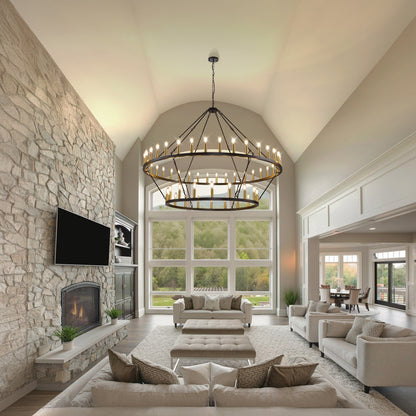 Lampadario moderno in stile fattoria, lampadario a ruota di carro rotondo a 2 livelli, grande lampadario alto da soffitto.