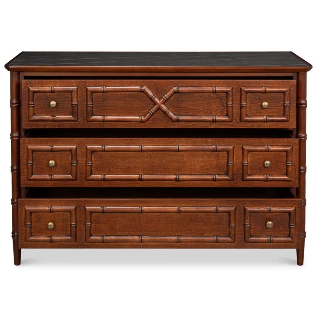 Comò in bambù con piano in porcellana nera