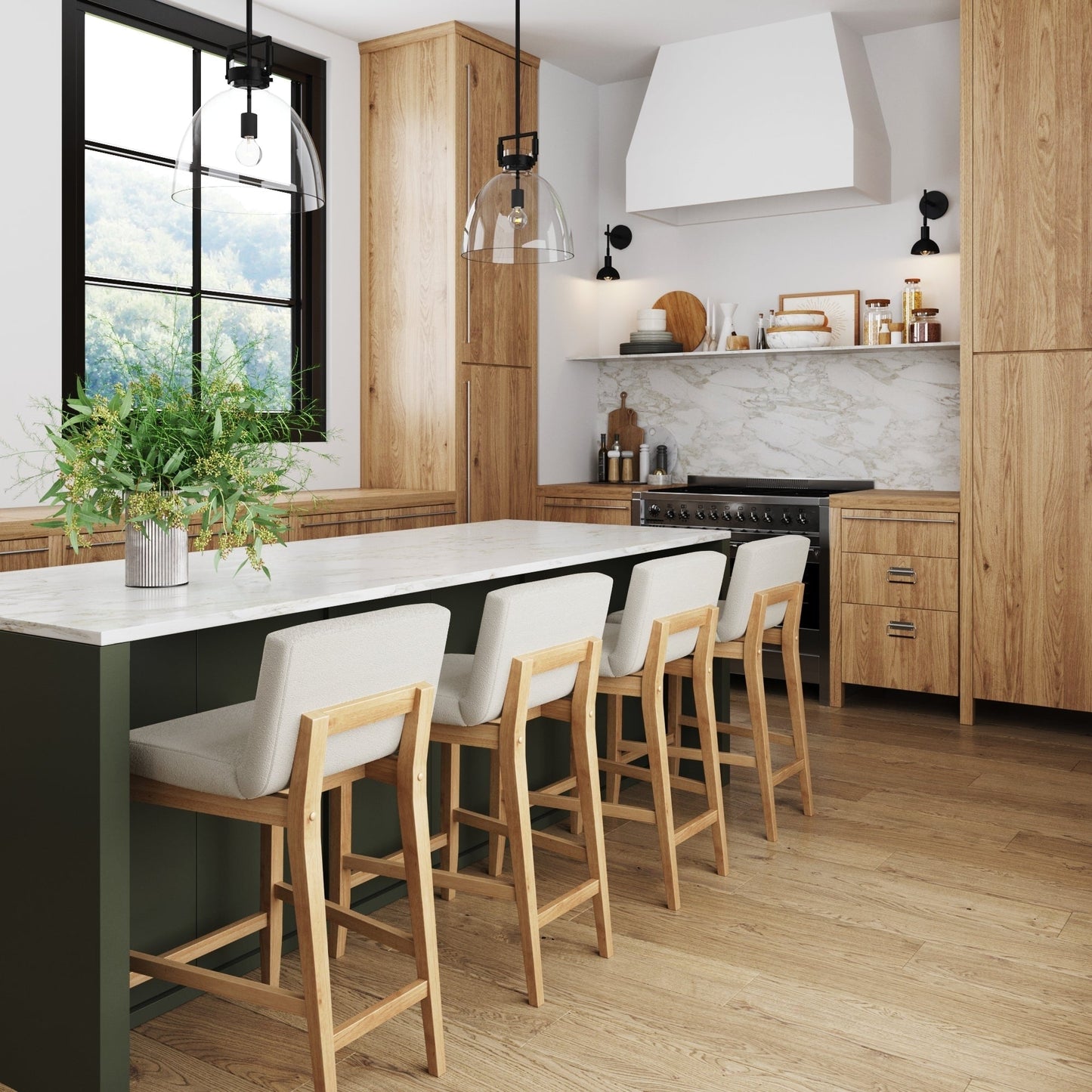 Sgabello da bar moderno Gracie, sedia imbottita in bouclé e gambe in legno spazzolato