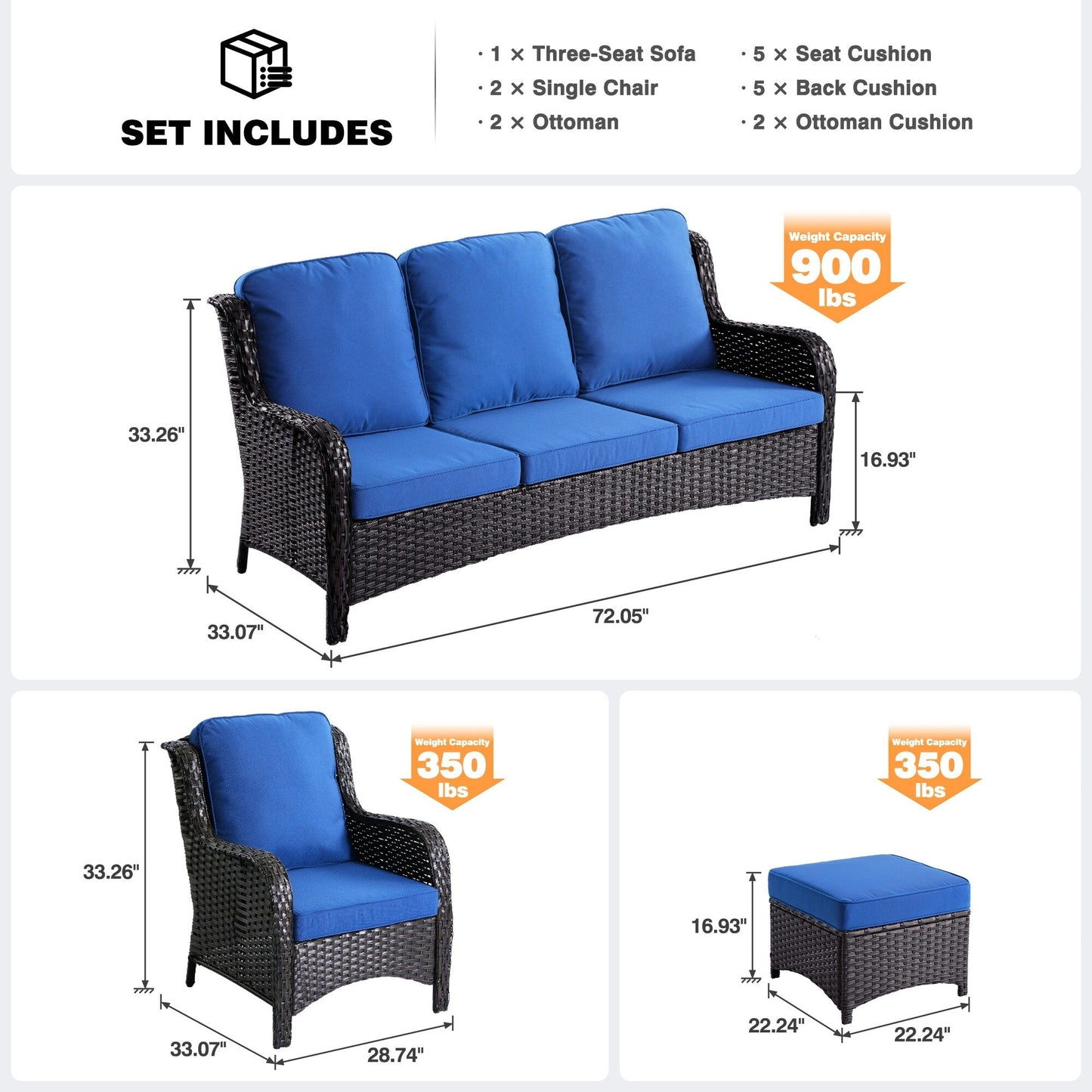 Set da conversazione OVIOS da 5 pezzi con schienale alto in vimini per patio