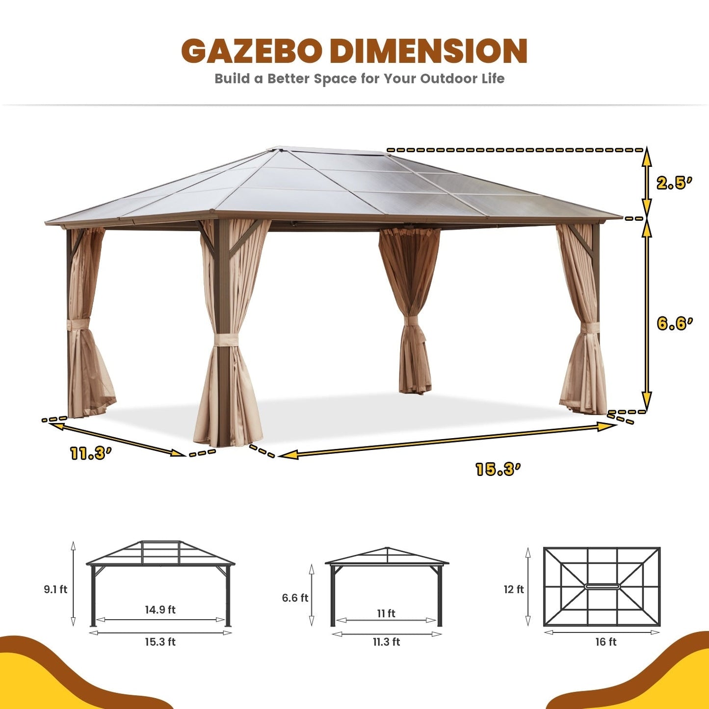 Gazebo rigido EROMMY, pergolato per esterni con doppio tetto, rete e tende, tettoia resistente per patio, cortile, feste in piscina
