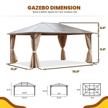 Gazebo rigido EROMMY, pergolato per esterni con doppio tetto, rete e tende, tettoia resistente per patio, cortile, feste in piscina