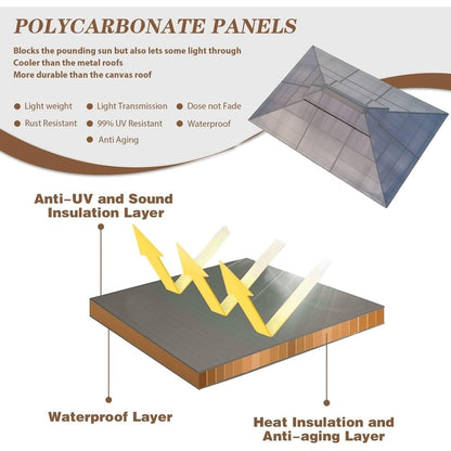 Gazebo rigido EROMMY, pergolato per esterni con doppio tetto, rete e tende, tettoia resistente per patio, cortile, feste in piscina