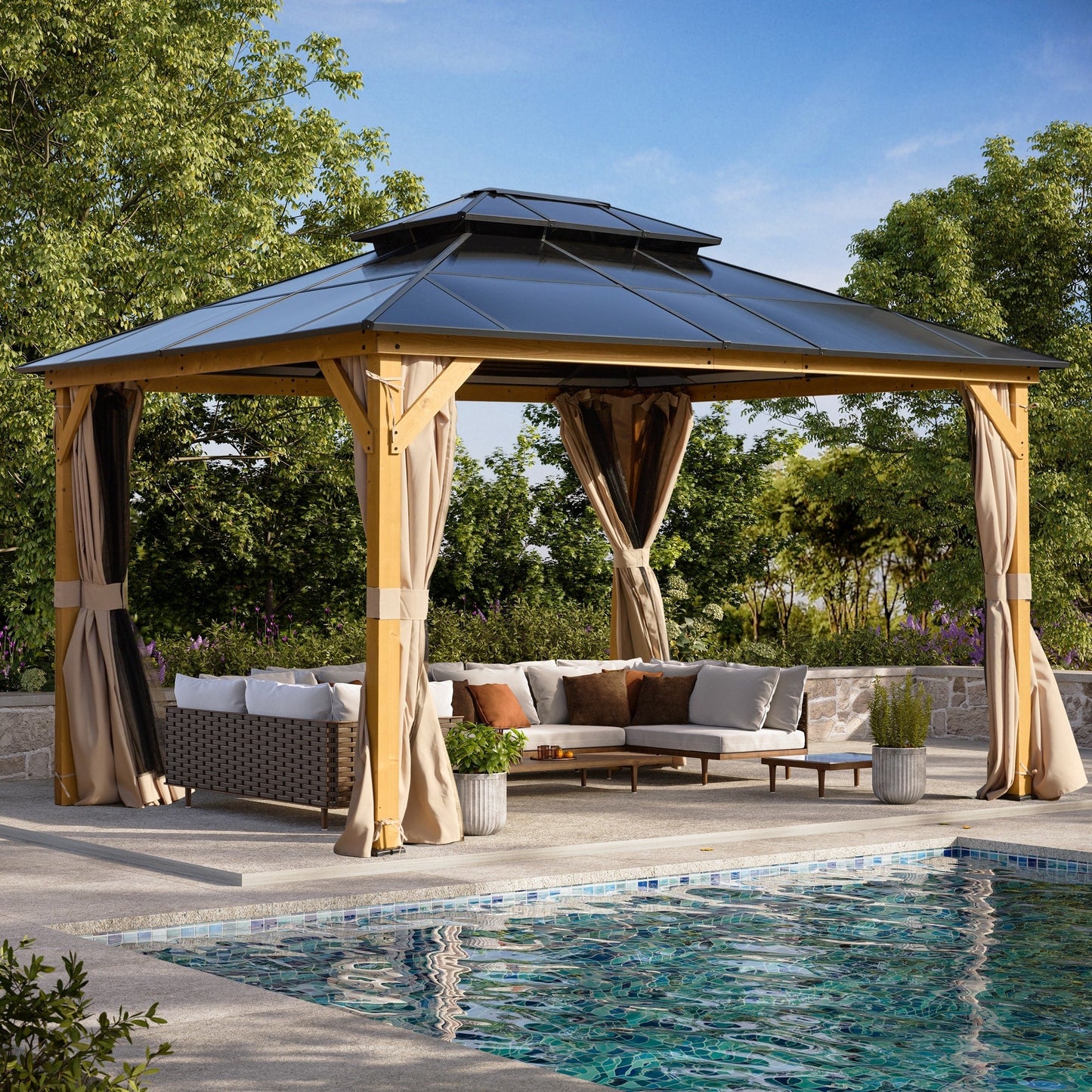 Gazebo rigido EROMMY, pergolato per esterni con doppio tetto, rete e tende, tettoia resistente per patio, cortile, feste in piscina