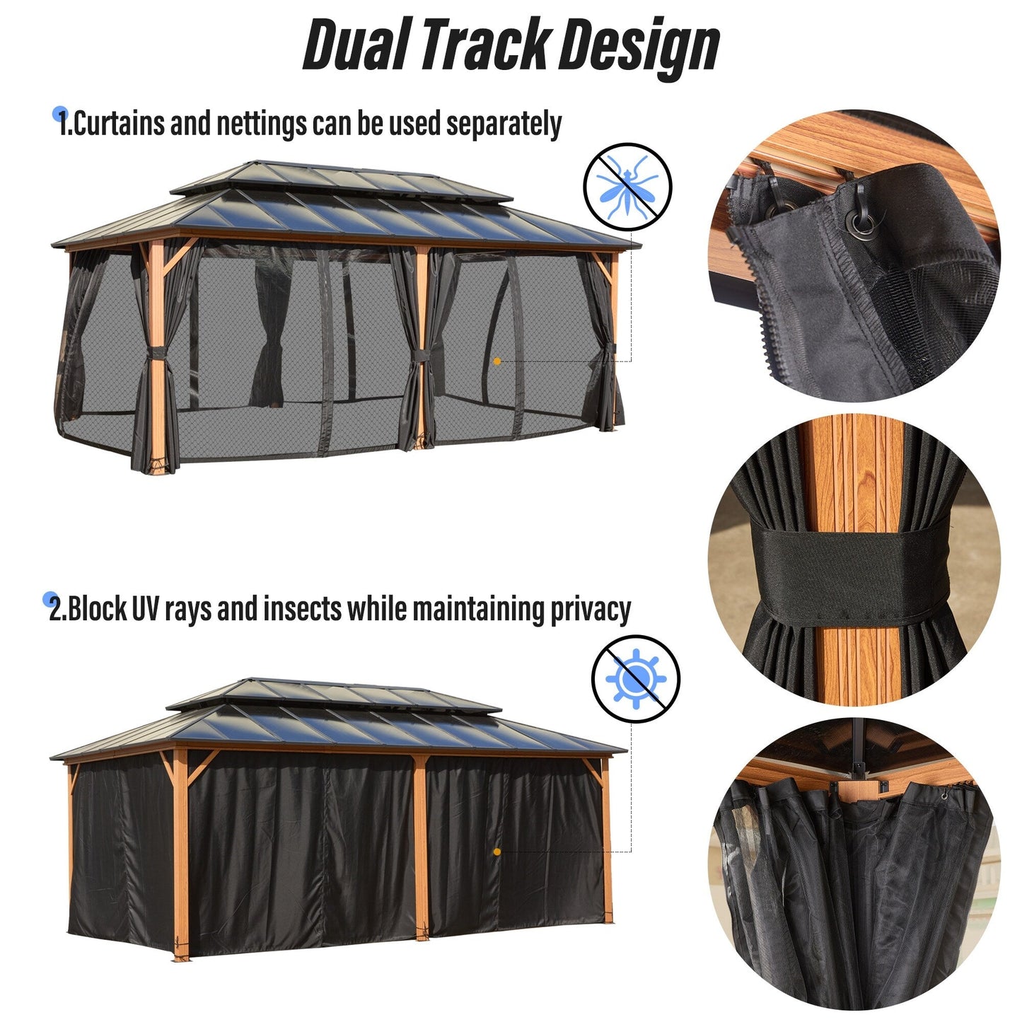 Gazebo rigido EROMMY, pergolato per esterni con doppio tetto, rete e tende, tettoia resistente per patio, cortile, feste in piscina