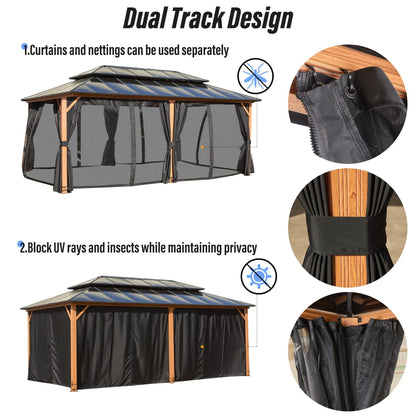 Gazebo rigido EROMMY, pergolato per esterni con doppio tetto, rete e tende, tettoia resistente per patio, cortile, feste in piscina