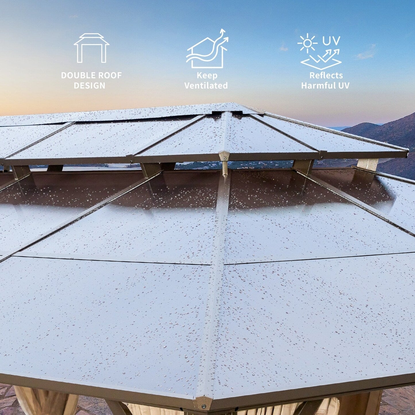 Gazebo rigido EROMMY, pergolato per esterni con doppio tetto, rete e tende, tettoia resistente per patio, cortile, feste in piscina