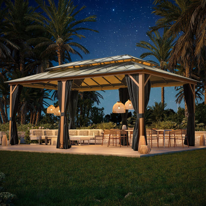 Gazebo rigido EROMMY, pergolato per esterni con doppio tetto, rete e tende, tettoia resistente per patio, cortile, feste in piscina