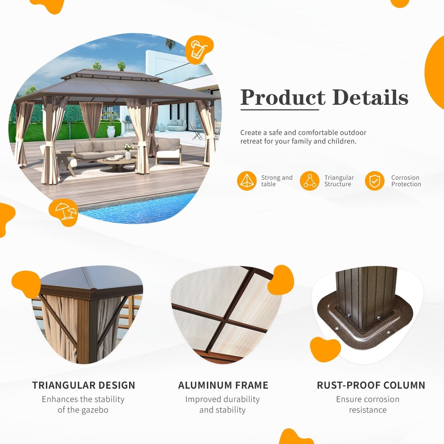 Gazebo rigido EROMMY, pergolato per esterni con doppio tetto, rete e tende, tettoia resistente per patio, cortile, feste in piscina