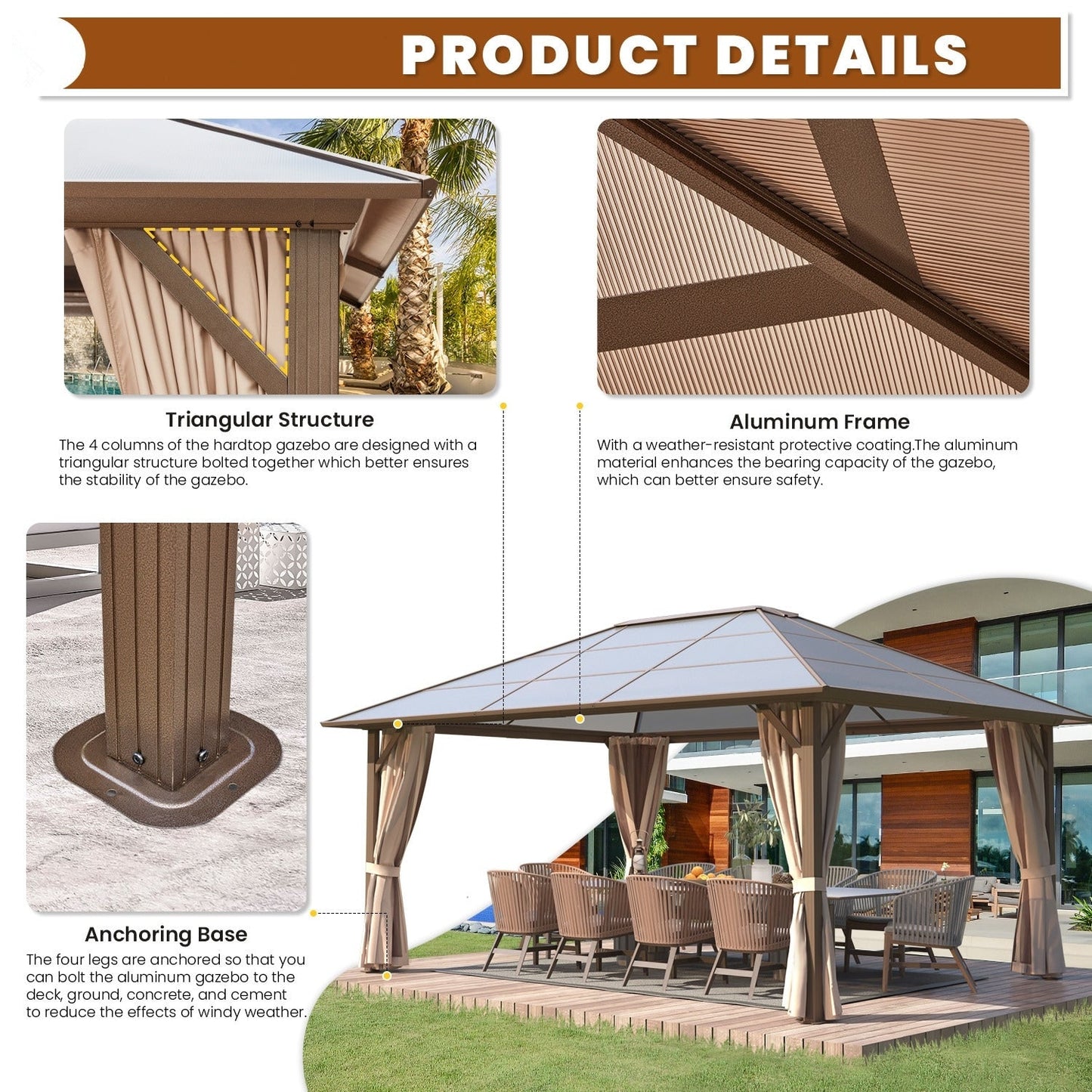 Gazebo rigido EROMMY, pergolato per esterni con doppio tetto, rete e tende, tettoia resistente per patio, cortile, feste in piscina