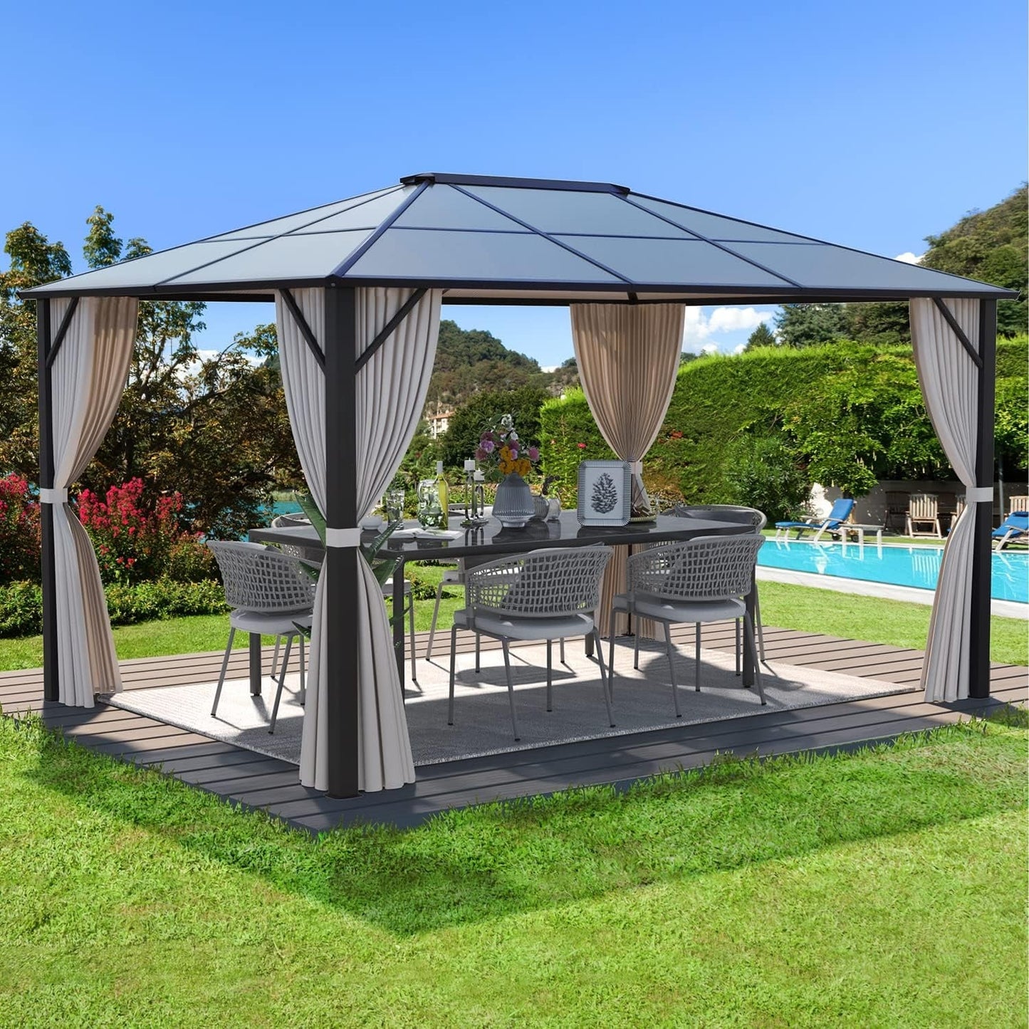 Gazebo rigido EROMMY, pergolato per esterni con doppio tetto, rete e tende, tettoia resistente per patio, cortile, feste in piscina