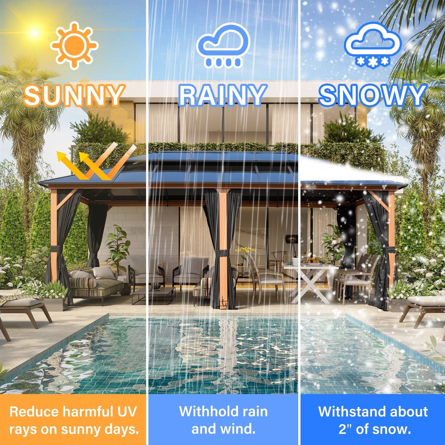 Gazebo rigido EROMMY, pergolato per esterni con doppio tetto, rete e tende, tettoia resistente per patio, cortile, feste in piscina