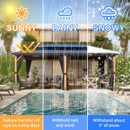 Gazebo rigido EROMMY, pergolato per esterni con doppio tetto, rete e tende, tettoia resistente per patio, cortile, feste in piscina