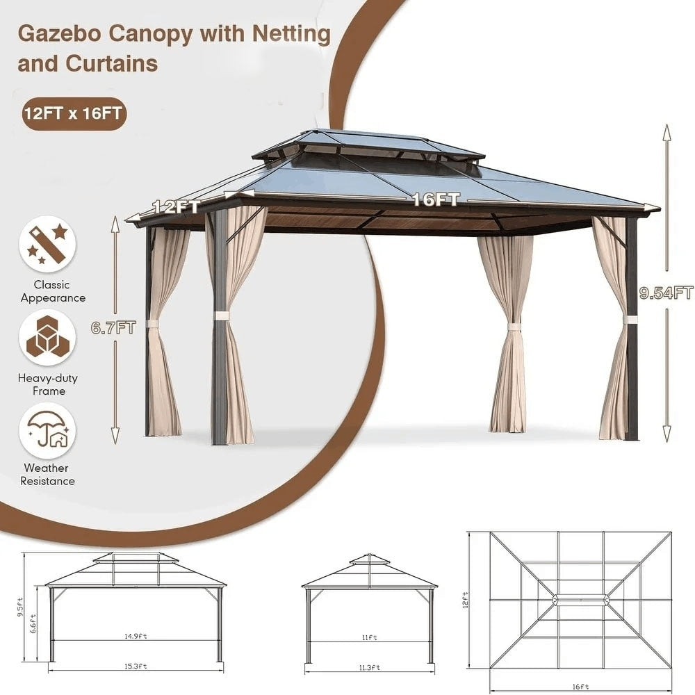 Gazebo rigido EROMMY, pergolato per esterni con doppio tetto, rete e tende, tettoia resistente per patio, cortile, feste in piscina