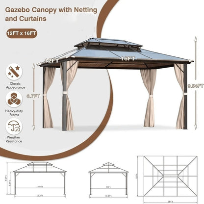 Gazebo rigido EROMMY, pergolato per esterni con doppio tetto, rete e tende, tettoia resistente per patio, cortile, feste in piscina