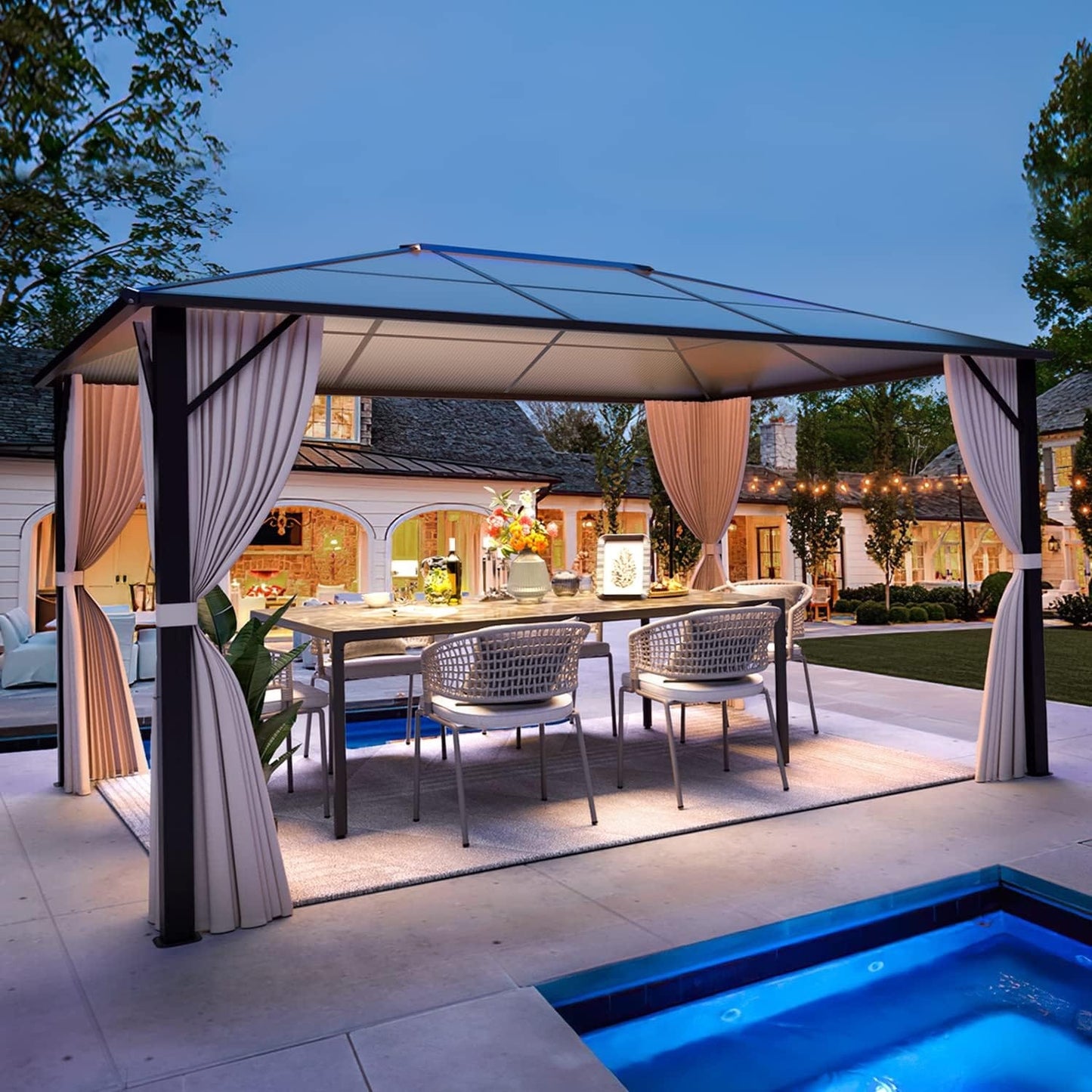 Gazebo rigido EROMMY, pergolato per esterni con doppio tetto, rete e tende, tettoia resistente per patio, cortile, feste in piscina