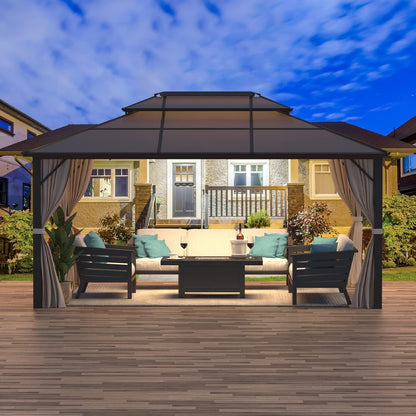 Gazebo rigido EROMMY, pergolato per esterni con doppio tetto, rete e tende, tettoia resistente per patio, cortile, feste in piscina