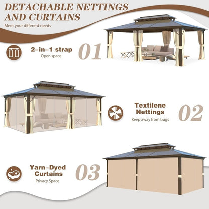 Gazebo rigido EROMMY, pergolato per esterni con doppio tetto, rete e tende, tettoia resistente per patio, cortile, feste in piscina