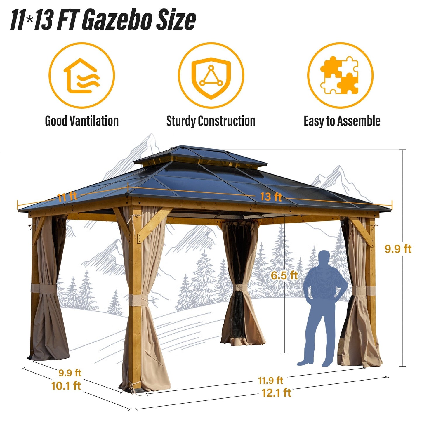 Gazebo rigido EROMMY, pergolato per esterni con doppio tetto, rete e tende, tettoia resistente per patio, cortile, feste in piscina